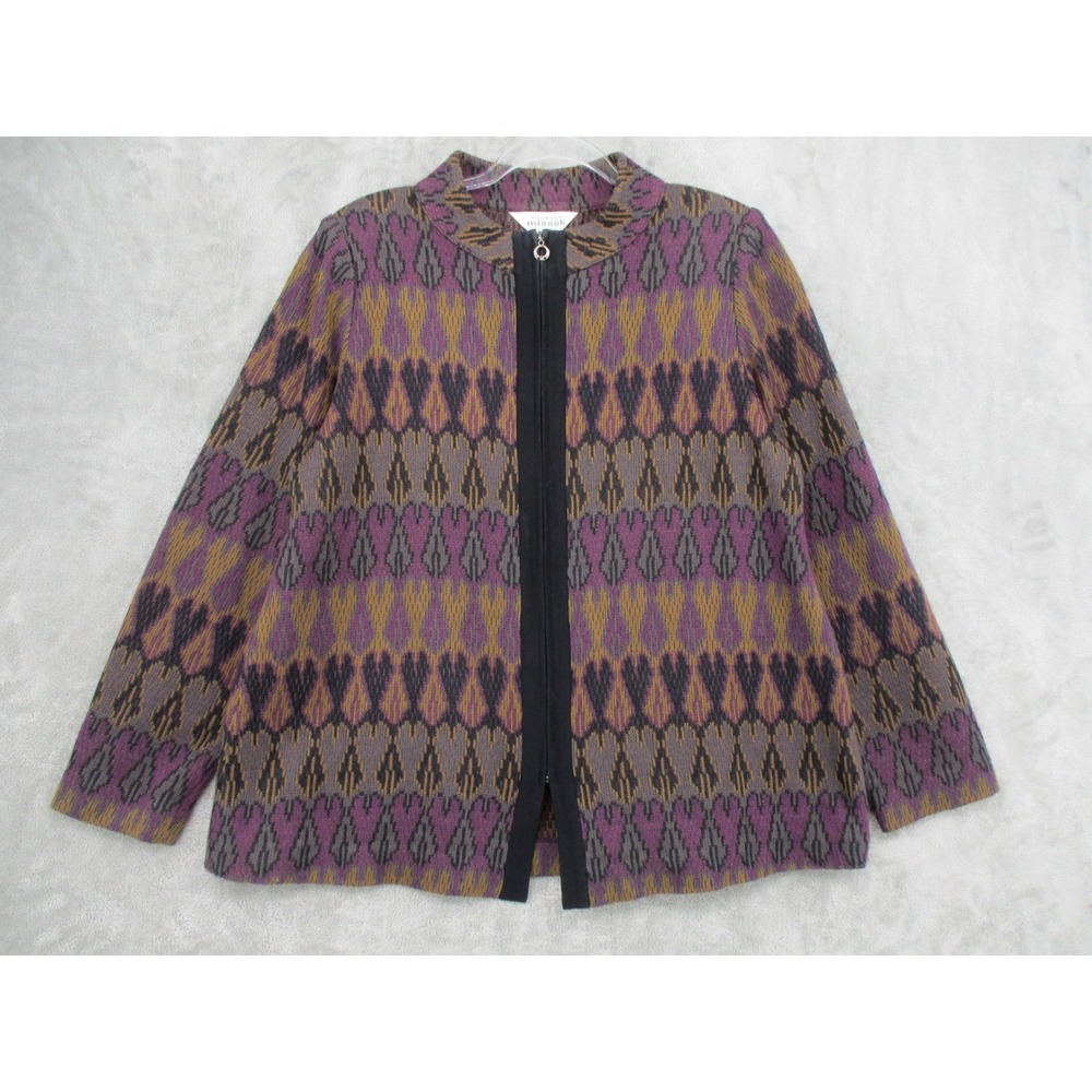 Misook Sweater‎ Womens Large Hearts Boho Full Zip Office Career Boho Knit Brown